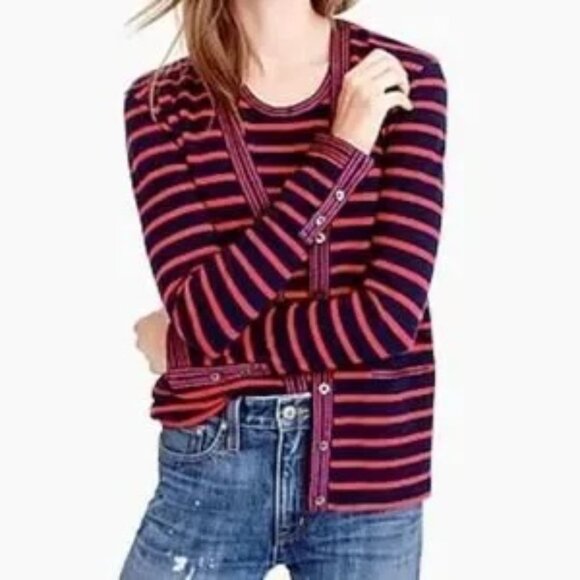 J. Crew Blue Red Stripe Metallic Trim V Neck Cotton Cardigan Sweater XS - Picture 3 of 3